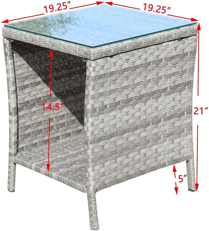 Rattan Side Table with Glass Top, Outdoor Wicker End Table for Patio, Porch, Garden, 19.25" Square, 21" Tall, 120 Lbs Capacity, Weather-Resistant PE Rattan, Easy Assembly