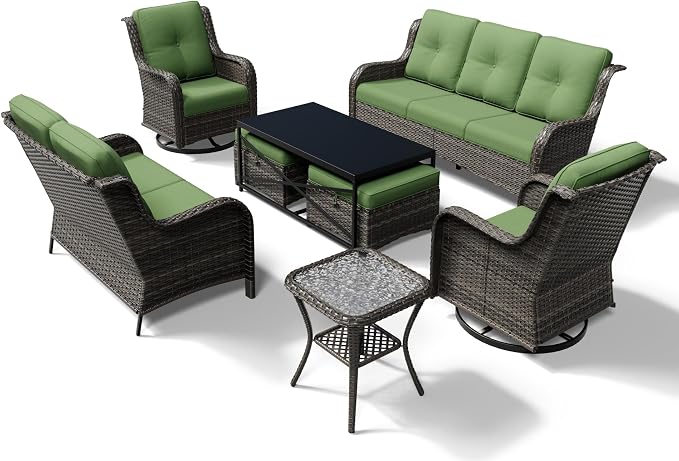 Joyside 8 Piece Wicker Patio Furniture Set, Outdoor Swivel Rocker Patio Chairs with High Back, Deep Seating, Wide Armrest, Thickened Cushions, Outdoor Furniture for Deck, Porch Use