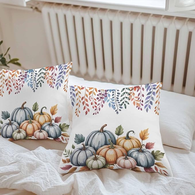 Orange Fall Pumpkins Outdoor Waterproof Pillow Covers, Eucalyptus Leaves Country Farmhouse Decorative Square Throw Pillowcase Sofa Cushion Sham for Patio/Couch/Chair, 18"x18" 2 Pack