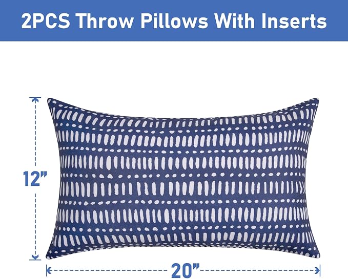 Pack of 2 Outdoor Pillows, 12x20 Outdoor Lumbar Pillows Waterproof | Outdoor Throw Pillows with Inserts, Fluffy and Supportive, Decorative Pillow for Patio and Garden, Pebble Dark Blue