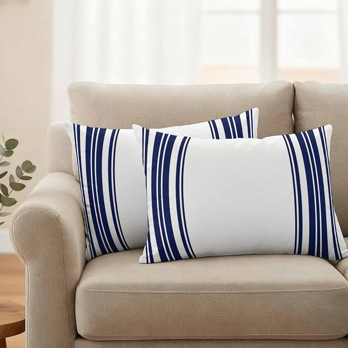 Outdoor Waterproof Throw Pillow Covers Set of 2 Navy Blue Stripes Lumbar Pillowcases 20x12 Inches White Vertical Striped Decorative Pillows Cushion Case Patio Pillows for Couch Bed Chair Garden