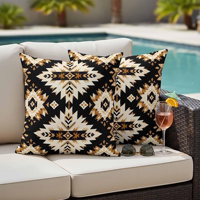 Southwestern Aztec Outdoor Pillow Covers 26x26 Inch Throw Pillow Covers Set of 2 Waterproof Decorative Pillow Cases Retro National Style Brown Abstract Cushion Covers for Patio Furniture Garden Couch
