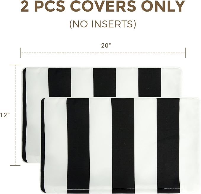 Lumbar Pillow Covers Set of 2, Outdoor Indoor Waterproof Patio Lumbar Pillowcase Shell 12x20 Inch, Rectangular Cushion Case for Couch Sofa Garden Farmhouse-Black White Stripe