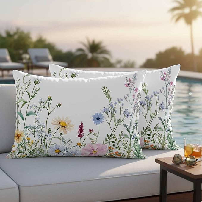 Farms Wildflowers Outdoor Waterproof Throw Pillow Covers Set of 2, 20"x12", Herbs Countryside Watercolor Floral Leaf Decorative Pillow Covers Outside Cushion Case for Patio Porch Garden