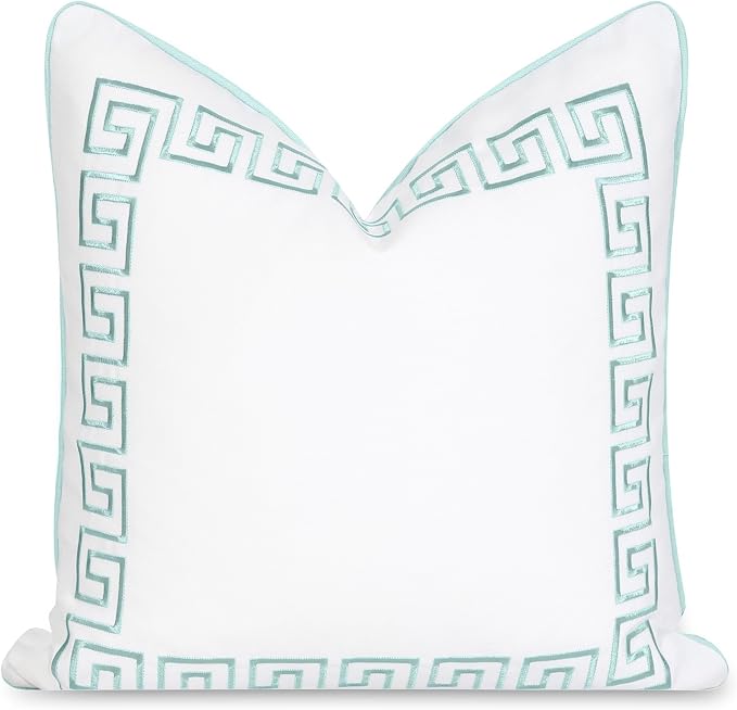 Hofdeco Premium Coastal Patio Indoor Outdoor Throw Pillow Cover Only, 20"x20" Water Repellent for Backyard, Couch, Aqua Embroidered Greek Key with Piping