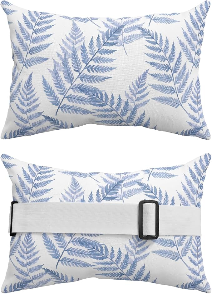 Lumbar Pillow Covers Set of 2, Blue Ferns Waterproof Outdoor Chaise Lounge Pillow Covers with Elastic Strap, Spring Summer Botanical Leaves Headrest Pillowcase for Patio, 12 x 20