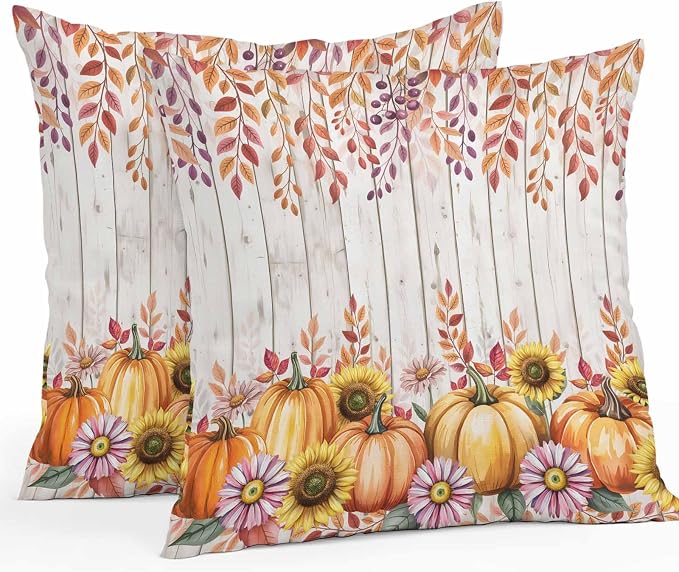 Orange Pumpkins Outdoor Waterproof Pillow Covers, Eucalyptus Leaves Sunflowers Wood Grain Decorative Square Throw Pillowcase Sofa Cushion Sham for Patio/Couch/Chair, 18"x18" 2 Pack