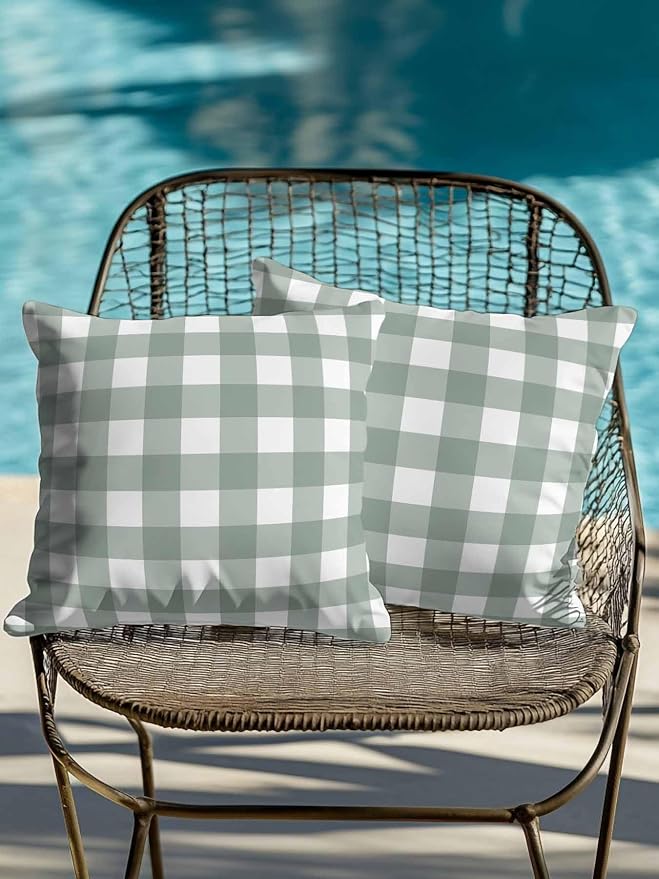 Waterproof Outdoor Pillow Set of 2 Sage Green Buffalo Plaid Decorative Throw Pillows Cover & Insert 18x18 Inch Pillowcase Check Lines Square Pillows for Couch Sofa Bed Patio Furniture Indoor Outdoor