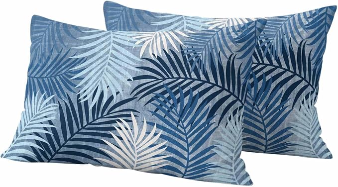 Outdoor Waterproof Throw Pillow Covers, Navy Blue Palm Leaves Decorative Pillow Cases, Summer Botanical Tropical Leaf Couch Pillow Protector Patio Sofa Cushion Covers Replacement 20"x12" 2 Pack