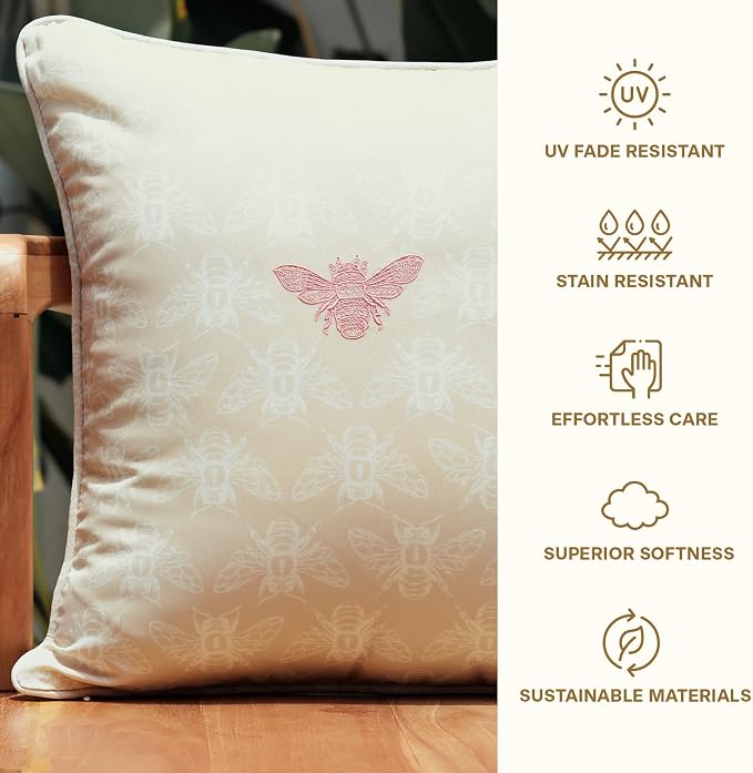 Honeycomb Indoor/Outdoor Square Toss Pillow for Patio Furniture, 17 x 17 | Chamomile Beige Embroidered Bumble Bee Throw Pillow, Water & Fade Resistant for Patio Furniture Set