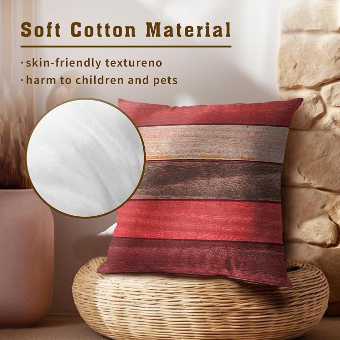Red Wood Floor Pillow Cover 20x20 Inch Vintage Pink Brown Board Decorative Throw Pillow Case Cotton Cushion Cover for Indoor Outdoor Home Decor Sofa Bed Couch