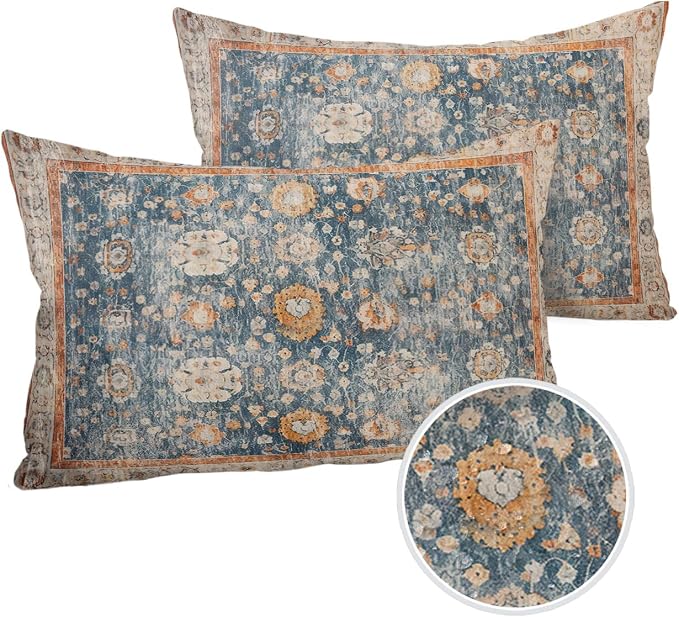 Outdoor Waterproof Pillow Covers Set of 2, Meddle Century Vintage Flowers Mural Pattern Patio Throw Pillow Covers, Decorative Cushion Case for Couch Sofa Furniture Garden, 20x12 Inch