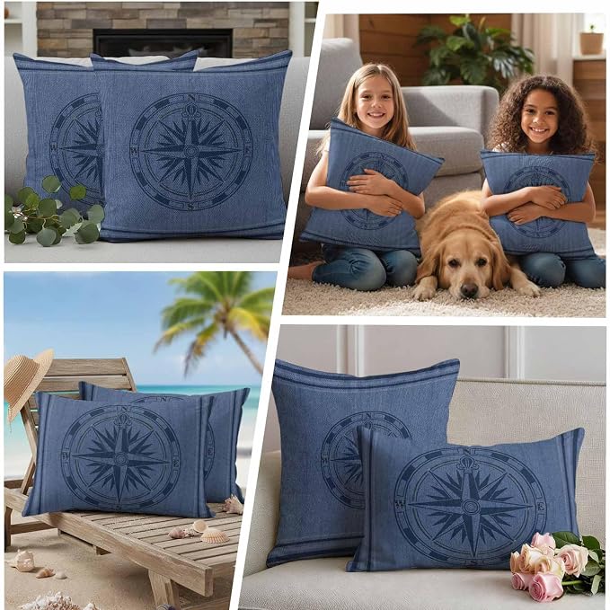 Compass Navigation Outdoor Waterproof Throw Pillow Covers Set of 2, 18"x18", Guide Letter Printing Decorative Pillow Covers Outside Cushion Case for Patio Porch Garden