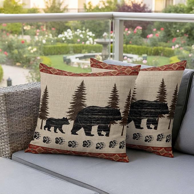 Bear Outdoor Waterproof Throw Pillow Covers 24 x 24 Inches Set of 2 Pine Forest Nature Bear Nature Vintage Boho Decorative Cushion Cover Pillowcase for Garden Patio Tent Beach Livingroom Sofa Couch