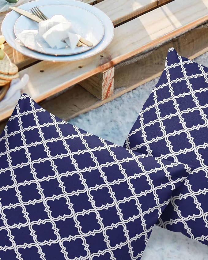 Outdoor Waterproof Pillow Covers for Patio Moroccan Pattern Decorative Throw Pillow Cover Geometric Trellis Navy Blue Pillowcases Set of 2 Cushion Case for Sofa Couch Chair Home Decor 16x16 inch