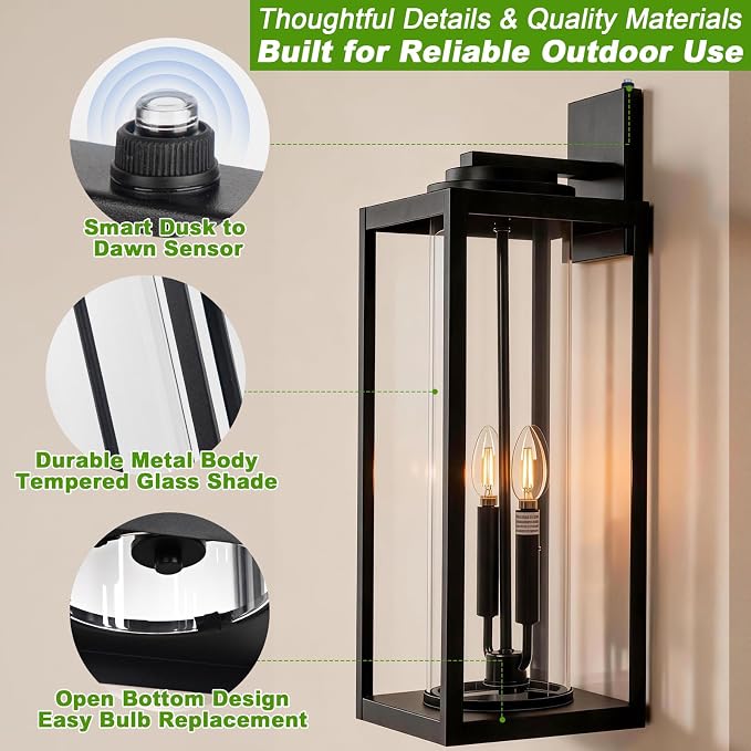 Extra Large 24 Inch Outdoor Wall Lights, Dusk to Dawn Sensor, Black, 2-Pack | IP65 Waterproof, Anti Rust, Tempered Glass, E12, 2-light, Weather-Resistant, Modern, Outside, Porch, Garage and Entryway