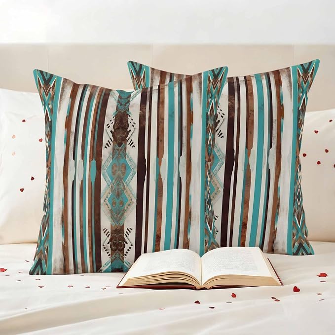Ethnic Tribal Diamond Outdoor Pillow Covers 26"x26" Set of 2, Boho Abstract Teal Brown Stripes Diamond Waterproof Throw Pillow Covers for Patio Furniture, Decorative Cushion Covers for Porch