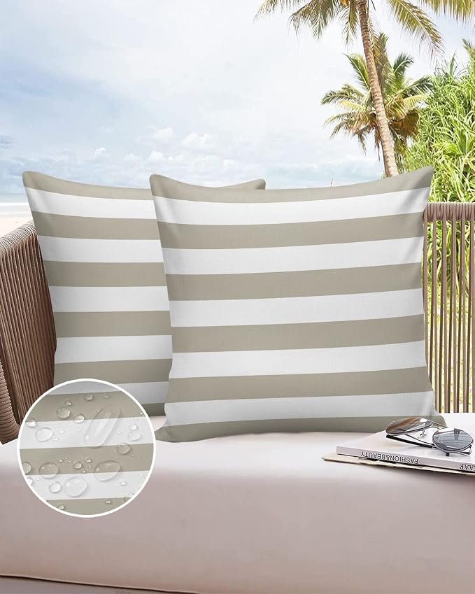 Outdoor Waterproof Pillow Covers for Patio Furniture Solid Striped Decorative Throw Pillow Cover Beige Pillowcases Set of 2 Cushion Case for Sofa Couch Chair Home Decor 20 x 20 Inches