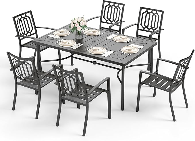 Sophia & William Patio Table and Chairs Set, Outdoor Dining Set for 6, 7 Piece Metal Patio Furniture, 64" Black Rectangular Table(Geometry)
