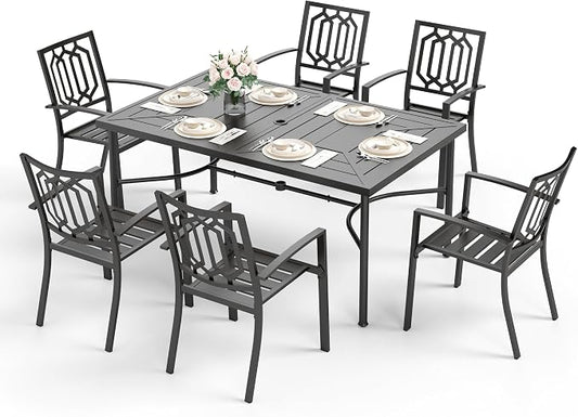 Sophia & William Patio Table and Chairs Set, Outdoor Dining Set for 6, 7 Piece Metal Patio Furniture, 64" Black Rectangular Table(Geometry)