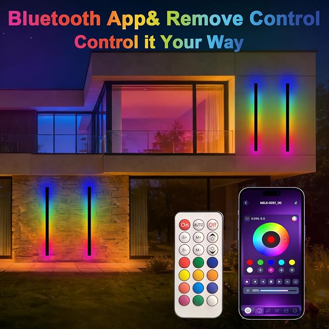 RGB Outdoor Wall Lights, Ip65 Waterproof Linear Led Modern Wall Sconce, 7 Colors and 358 Light Effects, Dimmable with Remote Modern Linear Exterior Light Fixture 31.5 inch (1 Pack)