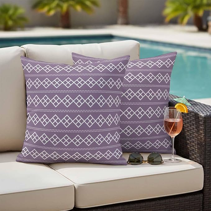 Purple Boho Outdoor Pillow Covers 16x16 Inch Throw Pillow Covers Set of 2 Waterproof Decorative Pillow Cases Vintage Ethnic Tribe Abstract Art Cushion Covers for Patio Furniture Garden Couch Sofa