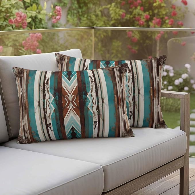 Ethnic Tribal Stripes Outdoor Pillow Covers 20"x12" Set of 2, Retro Vintage Geometric Teal Brown Stripes Waterproof Throw Pillow Covers for Patio Furniture, Decorative Cushion Covers for Porch