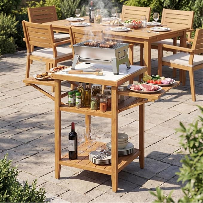 Acacia Wood Outdoor Grill Table with Drop Leaf, Faux Marble BBQ Prep Station for Patio Backyard, Folding Side Shelf Portable Camping Kitchen Table, Portable Grill Table for Patio, Kitchen