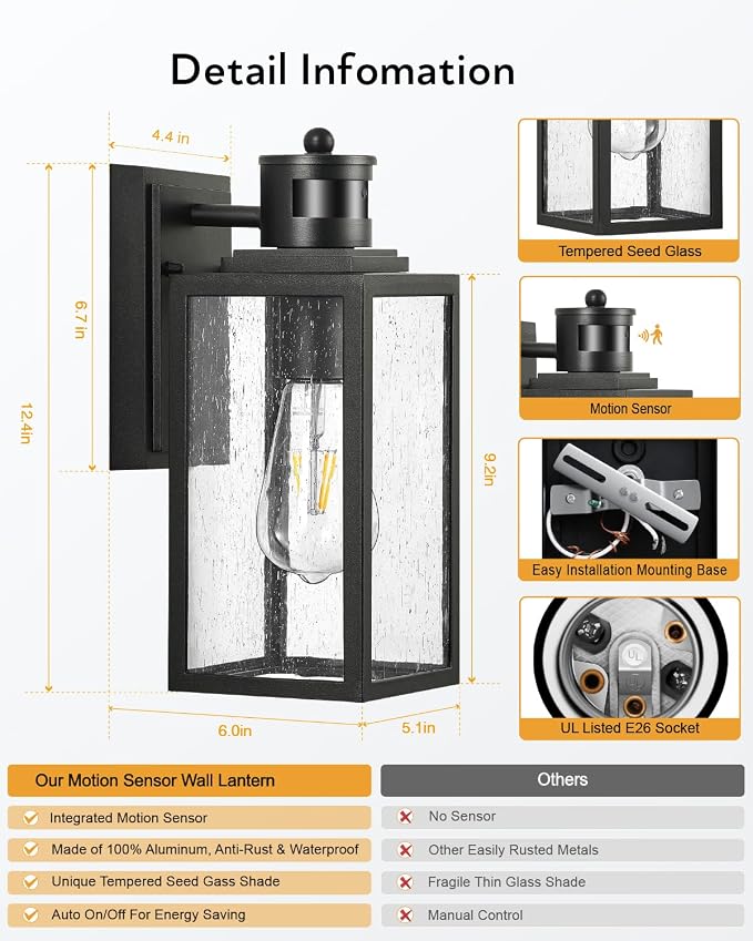 VIANIS Black Motion Sensor Porch Lights Outdoor, Modern Exterior Lighting Fixtures Wall Mount for House, Anti-Rust Waterproof Outdoor Sconce Lights for Garage, Front Door with Tempered Seeded Glass