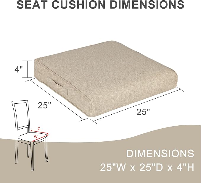 Aoodor Patio Chair Cushions Set of 4, 25 x 25 x 4 Inch Water Resistant Outdoor Seat Cushions with Handle and Ties, Square Corner Cushions for Patio Furniture Garden Lawn, Brown