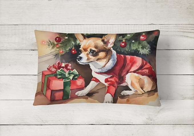 Caroline's Treasures DAC2630PW1216 Chihuahua Cozy Christmas Throw Pillow Machine Washable, Indoor Outdoor Decorative Pillow for Couch, Bed or Patio, 12HX16W