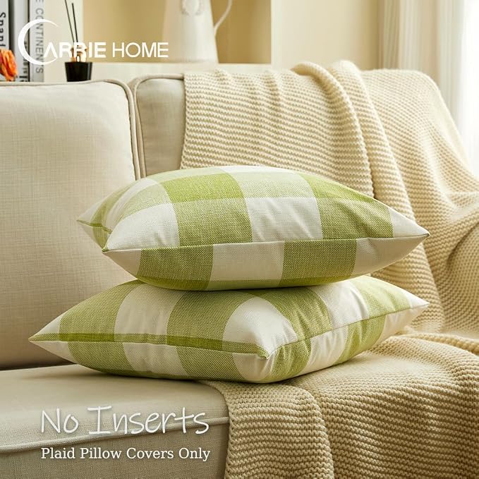CARRIE HOME Spring Sage Green Plaid Pillow Covers 20x20 Set of 2, Green Decorative Buffalo Plaid Couch Pillows, Farmhouse Spring Home Decor Indoor Checkered Pillow Cover (No Pillow Inserts)