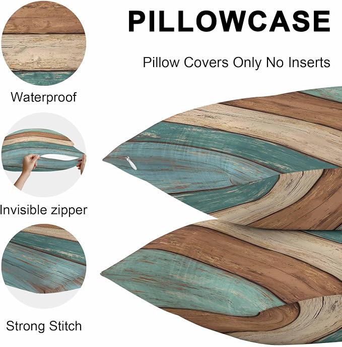 Outdoor Throw Pillows Covers 16X16 Set of 2 Waterproof Teal Turquoise Green Brown Decorative Zippered Cushion Covers for Patio Furniture, Farmhouse Retro Rustic Barn Wood Texture Lumbar Pillowcases