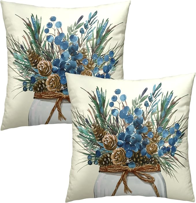 Winter Pine Twigs Pillow Cover 20x20 Inch Set of 2, Rustic Christmas Branches Pinecones Picks Decorative Pillow Cotton Square Cushion Case for Outdoor Home Sofa Couch Decor