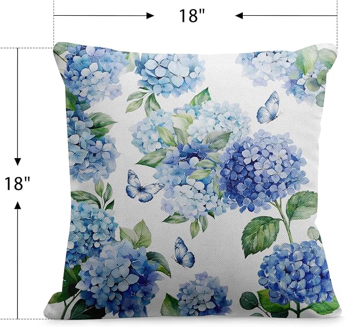 Throw Pillow Covers, Blue Hydrangea Floral, 18 x 18 Inch, Set of 2 | Waterproof outdoor square cushion case pillowcase for farmhouse garden couch beach patio decorative pillows