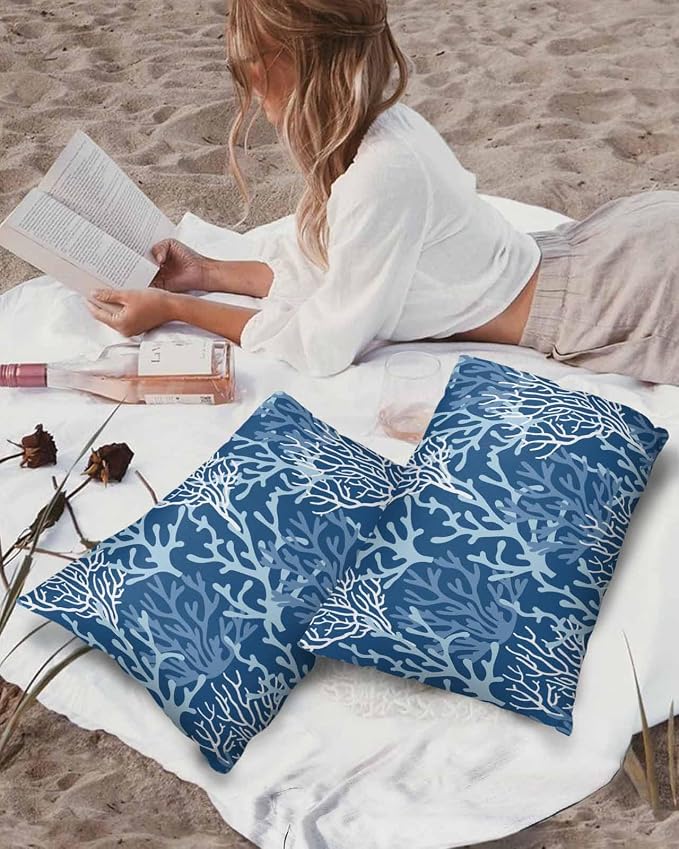 Pack of 2 Outdoor Pillow Covers 20x12 Waterproof Navy Blue Coral Throw Pillow Covers, Decorative Pillowcases Summer Coastal Beach Ocean Cushion Covers for Patio Garden Couch Pillow Case