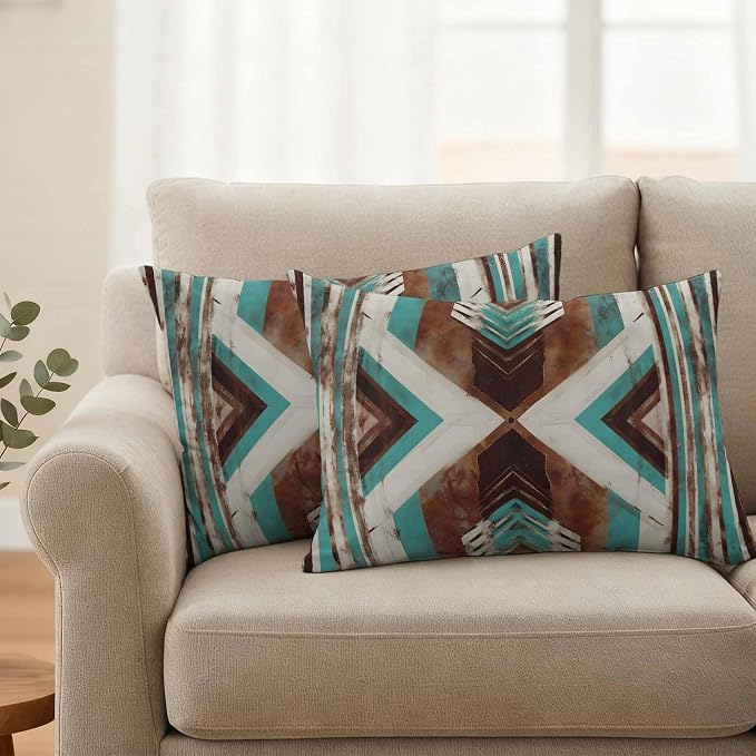 Aztec Southwestern Outdoor Pillow Covers 20"x12" Set of 2, Vintage Abstract Brown Turquoise Diamond Waterproof Throw Pillow Covers for Patio Furniture, Decorative Cushion Covers for Porch
