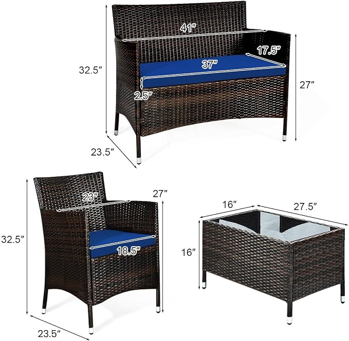 HAPPYGRILL 4 Pieces Patio Sofa Set Rattan Wicker Furniture Patio Conversation Set with Cushioned Sofa and Coffee Table for Outdoor Backyard Garden Poolside