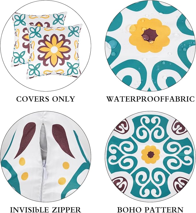 Pyonic Turquoise Waterproof Outdoor Pillow Covers 16x16 inch | Set of 4,Morocco Vintage Floral Boho Throw Pillow Covers ,Water Resist Outdoor Pillows for Patio Furniture Garden Yard