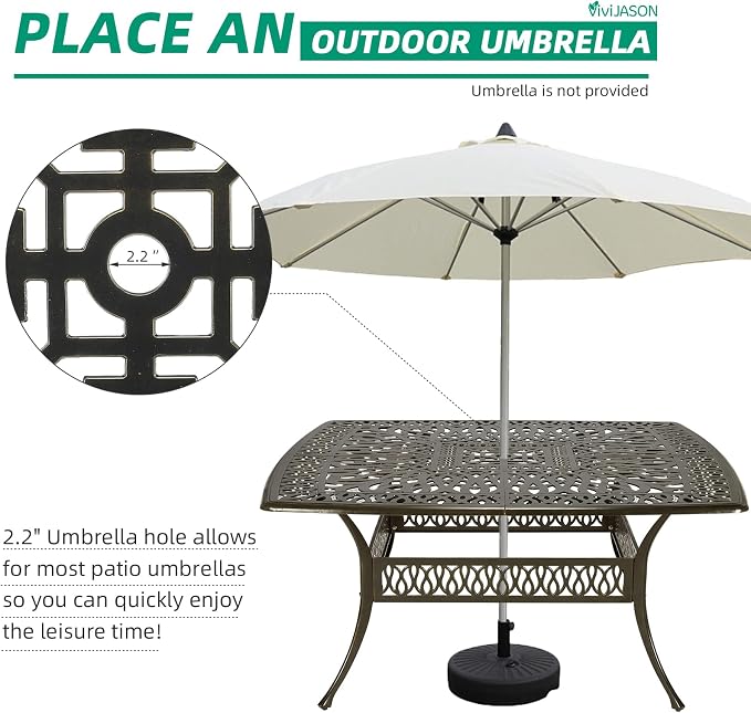 VIVIJASON 64" Patio Dining Table for 8, Large Square Cast Aluminum Dining Table with 2.2" Umbrella Hole, Weather-Resistant Patio Dining Table for Deck Garden Backyards, Dark Bronze