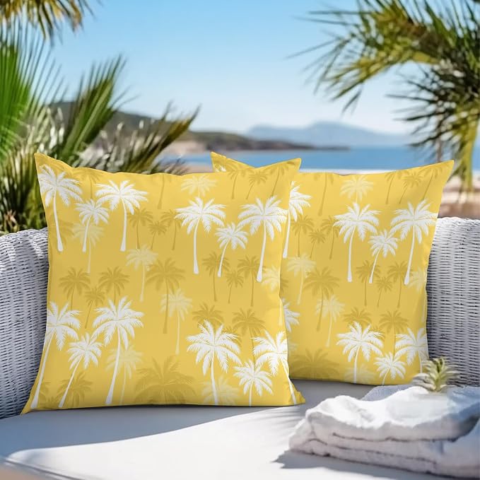 Throw Pillow Covers 16x16 Inch Set of 2, Tropical Palm Tree Waterproof Outdoor Pillow Covers, Yellow White Plants Coastal Leaf Beach Decorative Cushion Pillowcases for Couch, Sofa, Bed, Garden, Patio