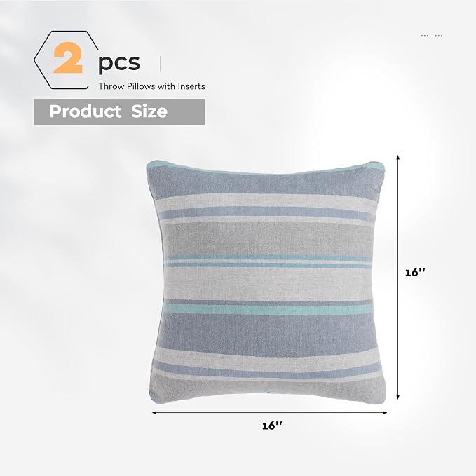 Outdoor Pillows, Patio Decorative Pillows Pack of 2, Waterproof Throw Pillows for Outdoor Furniture, 16× 16 Comfortable Spring Outdoor Pillows for Bed, Couch, Sofa, Grey & Blue Stripe