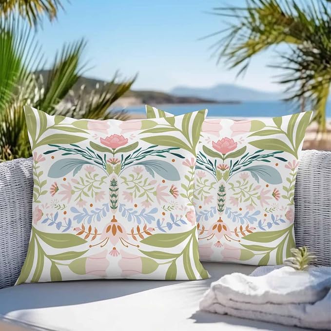 Outdoor Pillow Covers Waterproof, Green Blue Pink Floral All Weather Cushion Case Set of 2, Rustic Ethnic Boho Flowers Botanical Decorative Pillowcases for Sofa Couch Bed Decor Patio Furniture 24"x24"