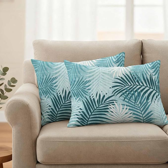 Outdoor Waterproof Throw Pillow Covers, Teal Palm Leaves Decorative Pillow Cases, Summer Botanical Tropical Leaf Couch Pillow Protector Patio Sofa Cushion Covers Replacement 20"x12" 2 Pack
