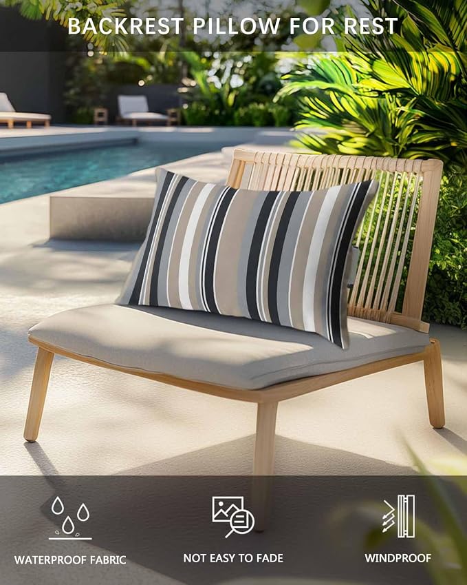Grey Stripes Lines Outdoor Pillows Waterproof Covers, Khaki Classic Vertical Striped Adjustable Elastic Chaise Lounge Head Resting Pillows, Decorative Lumbar Pillow for Pool Patio Furniture