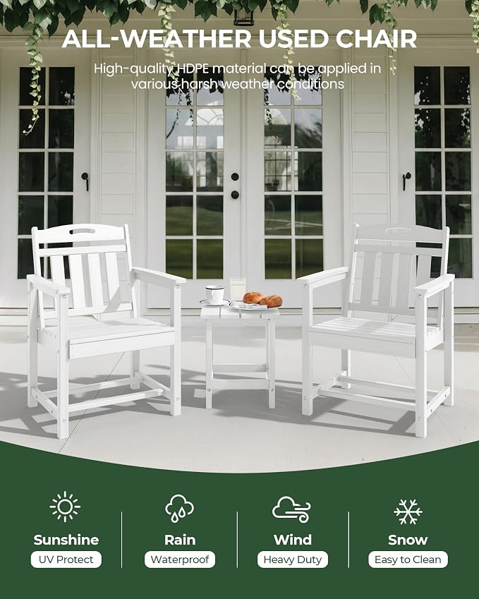 Patio Chairs Set of 2, HDPE Outdoor Dining Chairs with Wide Seat, All Weather Oversized Porch Chair for Garden, Backyard, Deck - White