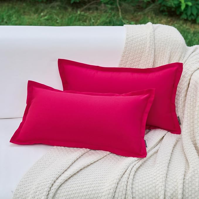LIGICKY Hot Pink Outdoor Lumbar Pillows Waterproof Pillow Covers 12x20 Inch Pack of 2 Decorative Rectangle Solid Color Pillows with Wide Edge Cushion Cover for Patio Tent Garden Couch Balcony