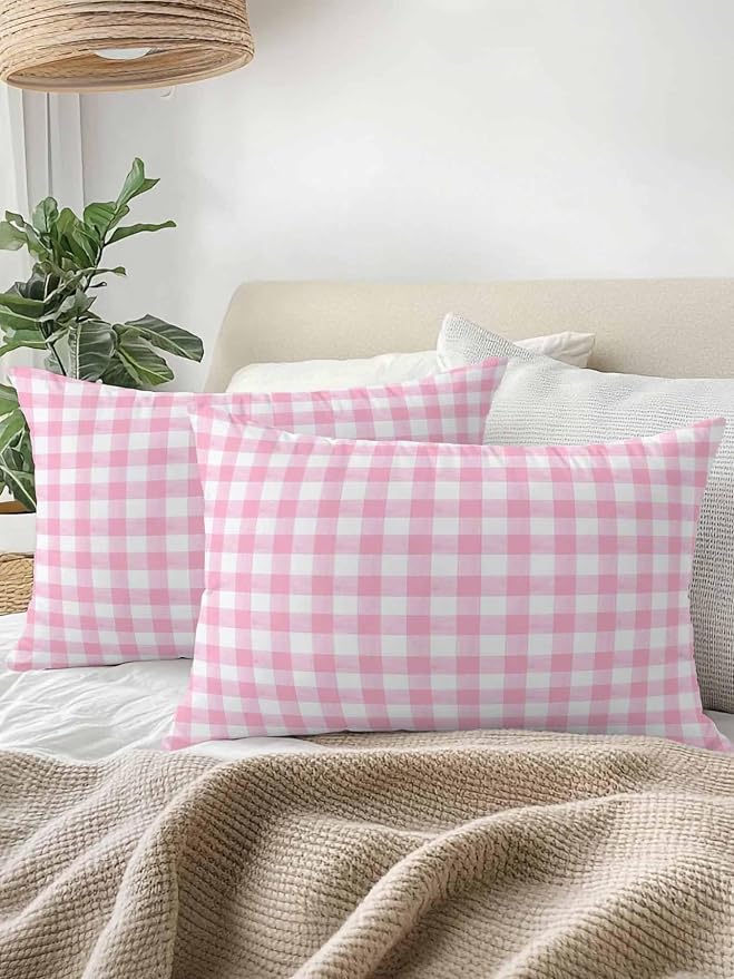 Outdoor Waterproof Throw Pillows Pink Geometric Plaid Patio Pillows Pack of 2,Decorative Pillow Covers with Insert,Pillow Cushion Case for Garden Couch Sofa Rustic Minimalist Checkered