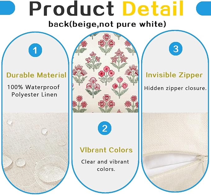 RABUSOFA Red Vintage Floral Summer Pillow Covers Set of 2,Seasonal Flower Oudtdoor Decorative Throw Cuchion Cases Spring Summer Decorations for Home Patio Couch Decor 20x20 Inch
