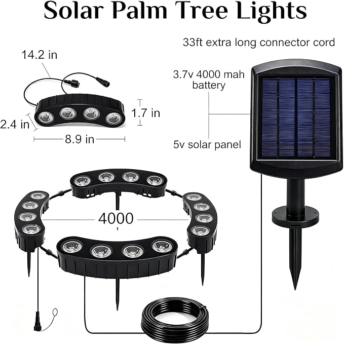 Sublume Solar Tree Lights, Outdoor Ring Landscape Spotlights, Warm White | 16 COB LED, 3-in-1 (Sticked/Tied/Hang), 33FT Cable, IP65 Waterproof, 4000Mah Uplights for PalmTree, Flag Pole, Garden